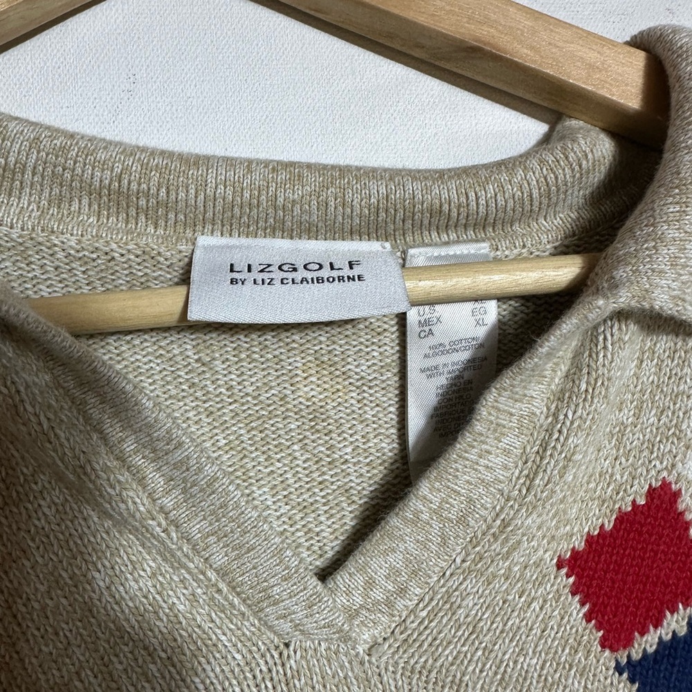 Vintage 1989s Liz Claiborne Golf Collared Sweater Argyle Knit 100% Cotton - Picture 2 of 6
